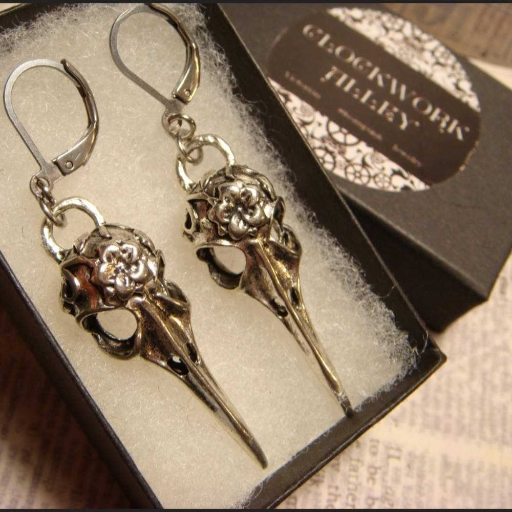 Sterling silver large antique silver raven skull bird earrings  huggies